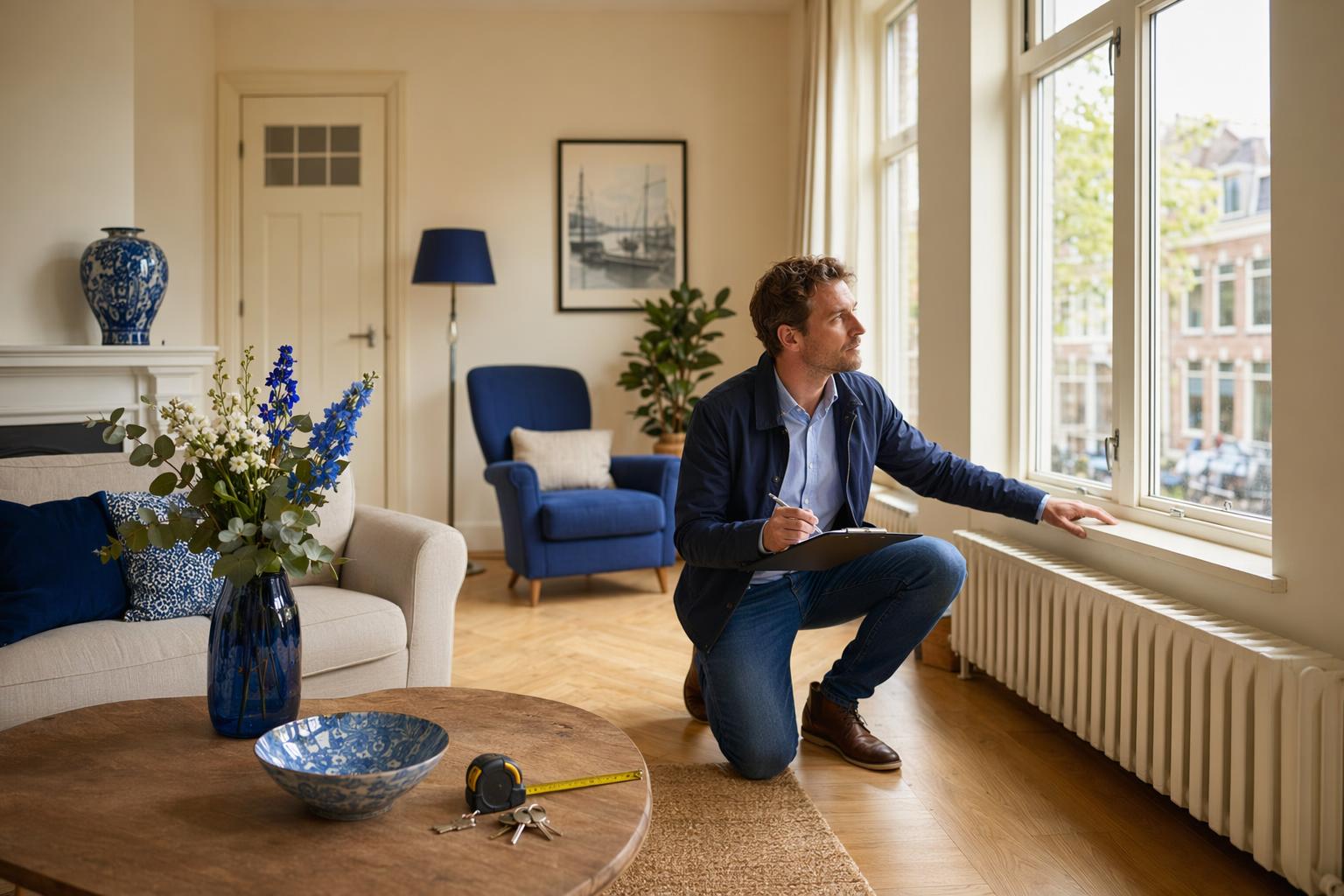 Koper inspecteert raam en radiator tijdens een bezichtiging in een Nederlandse woonkamer