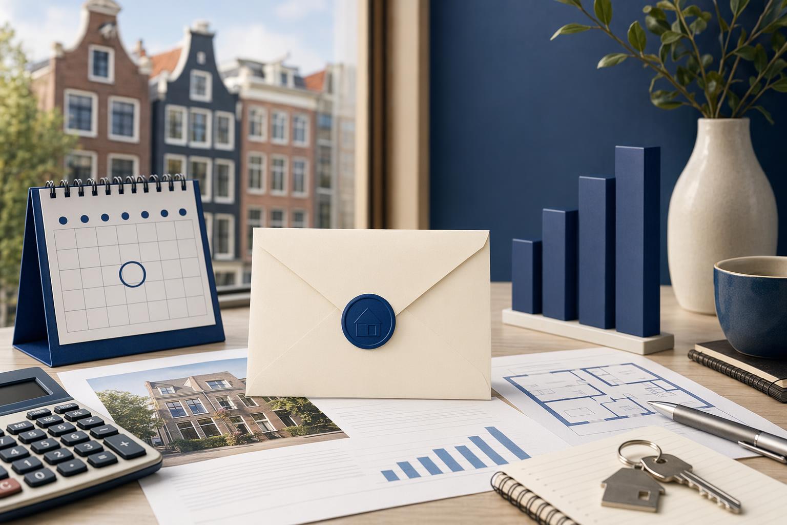 Biedmap met kalender, grafiek, huissleutels en Nederlandse woningen