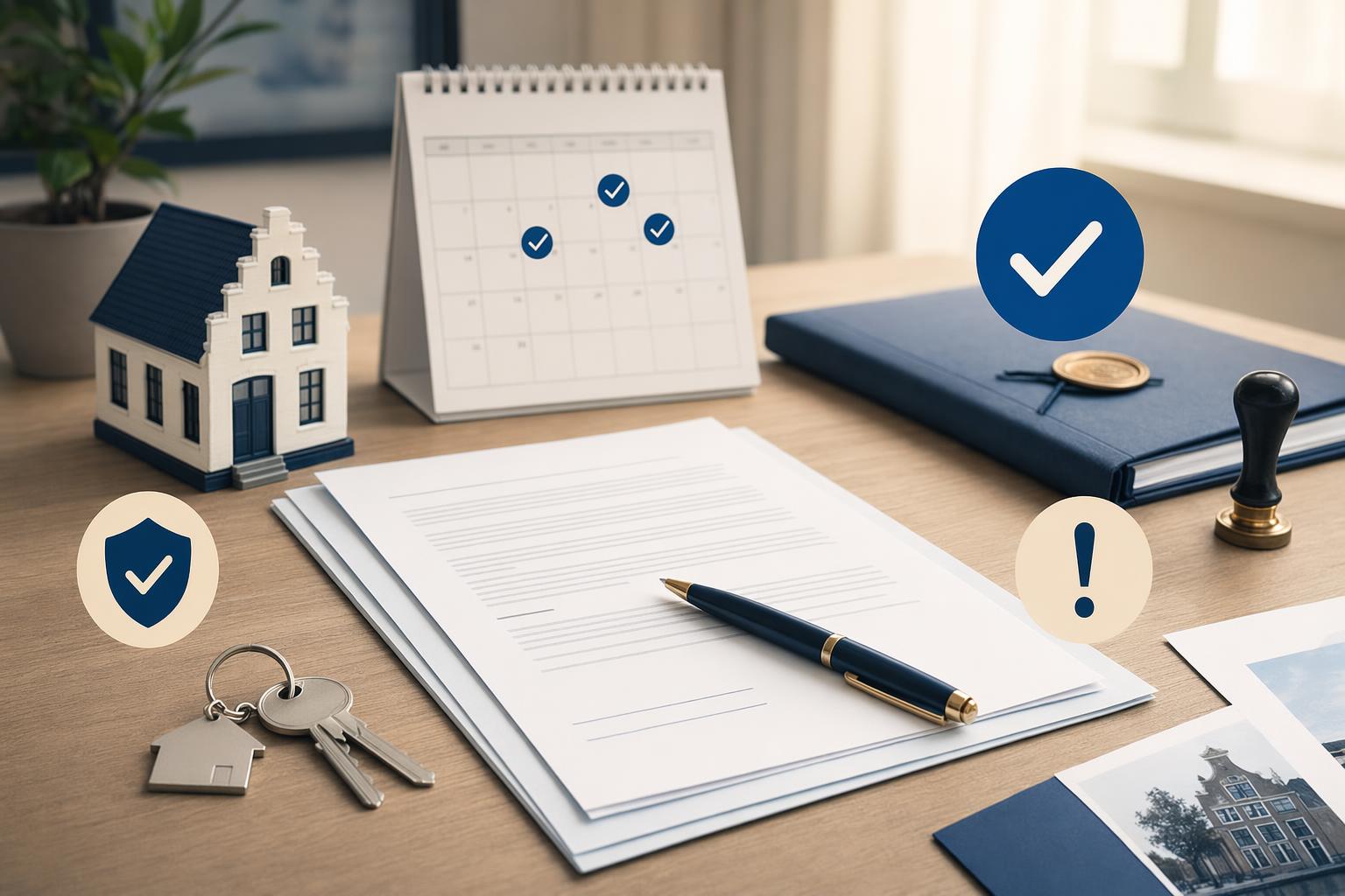Koopcontract met kalender, huissleutels en controletekens op een bureau