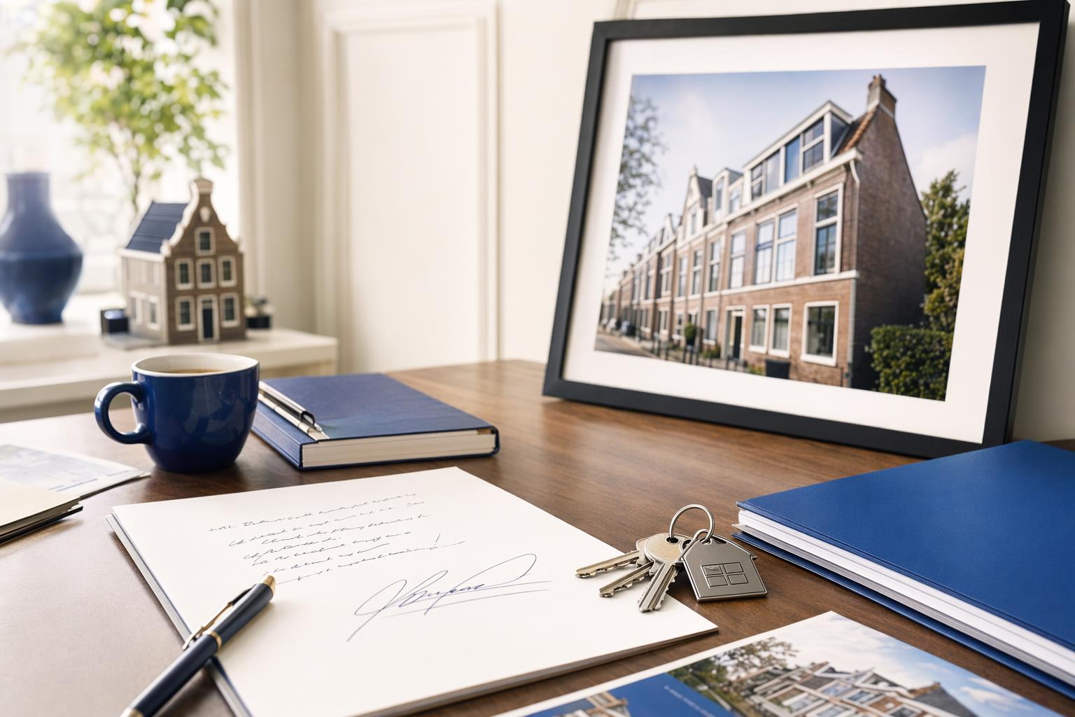 Werktafel met aankoopdossier, pen, huissleutels en Nederlandse woningfoto