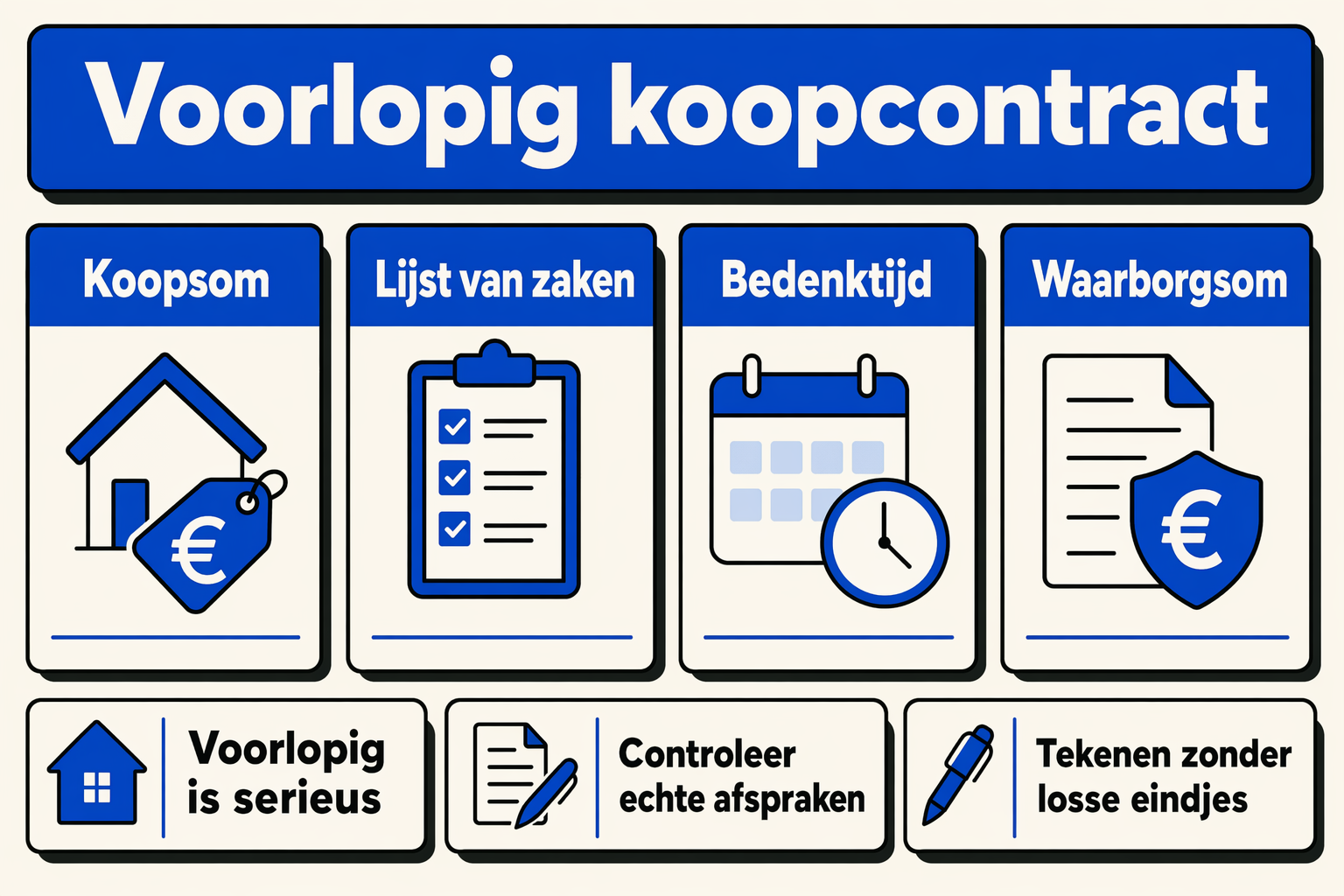Infographic over voorlopig koopcontract met koopsom, lijst van zaken, bedenktijd en waarborgsom