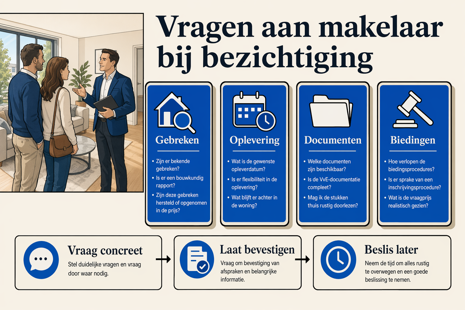 Infographic met vragen aan de makelaar bij bezichtiging