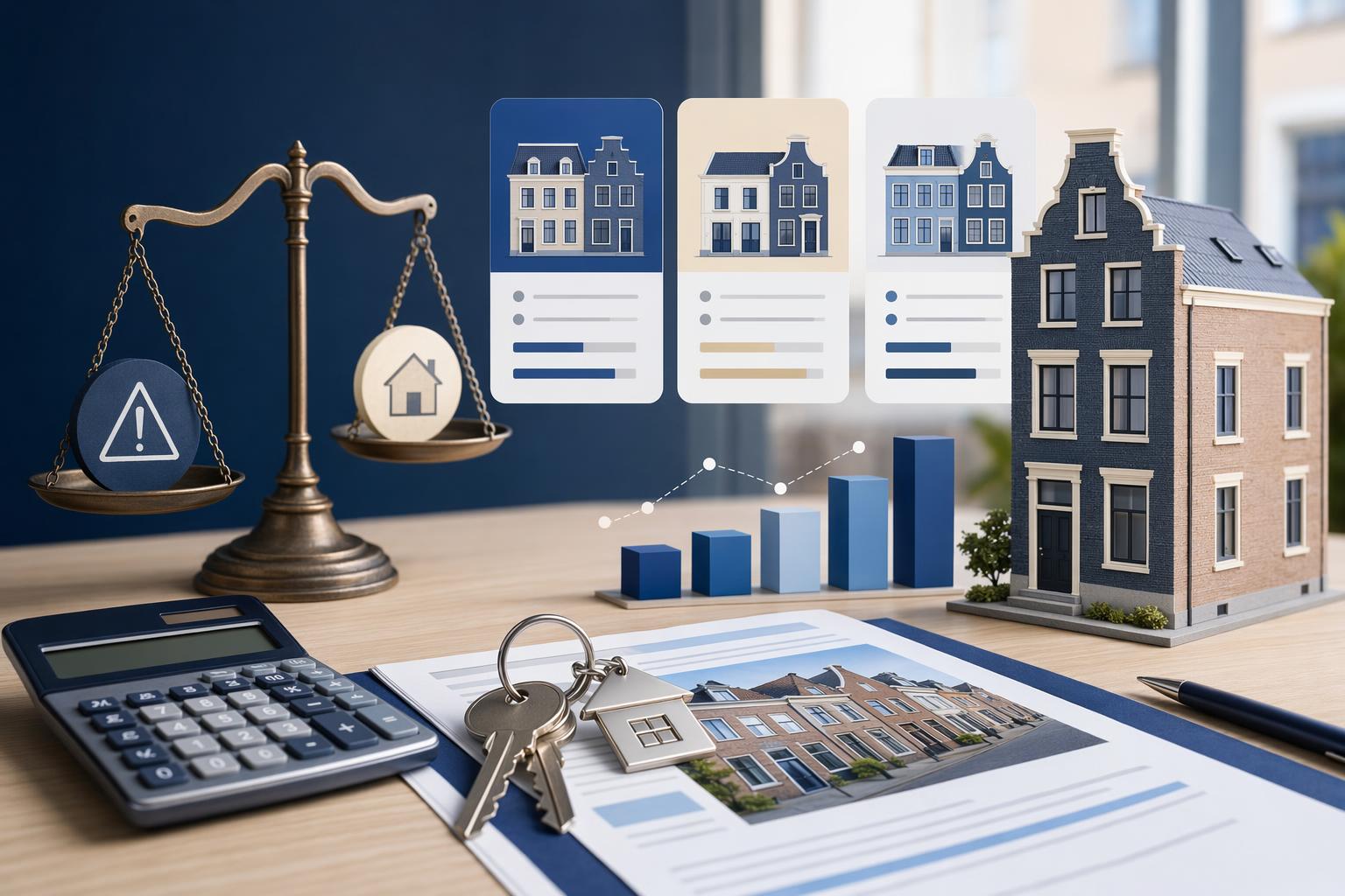 Bureau met woningvergelijking, calculator, huissleutels en waardegrafiek